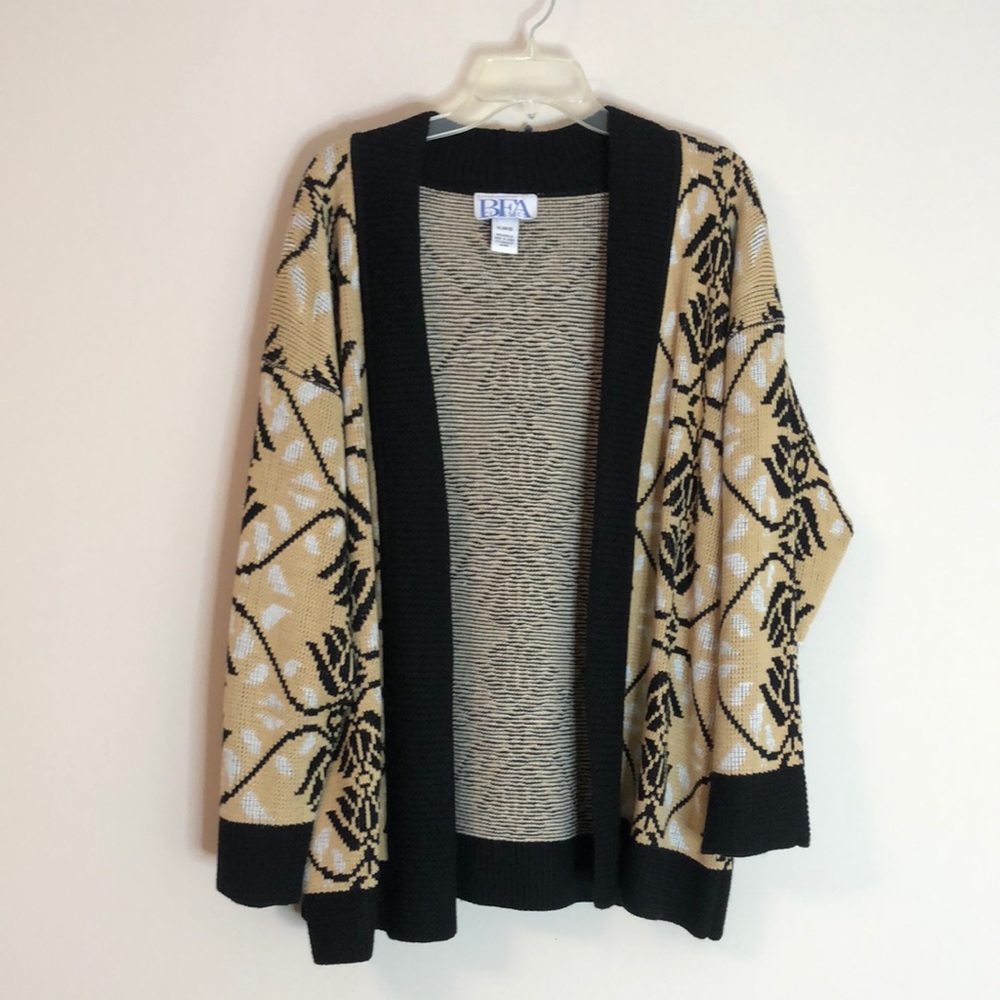 BFA Classics Open Front Sweater Black and Tan Warm Made in USA Womens Size XL